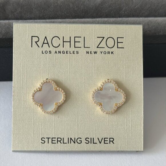 Rachel Zoe Mother of Pearl Sterling Silver 925 Gold Plated Clover Stud Earrings - Picture 2 of 12